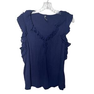 Anthropologie Navy Ruffle Sleeve V-Neck Blouse